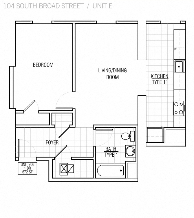 Floor plan for 1 bed, 1 bath, 669 sqft